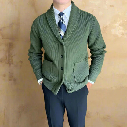 Juliano ribbed knit shawl collar cardigan with button front closure and front patch pockets