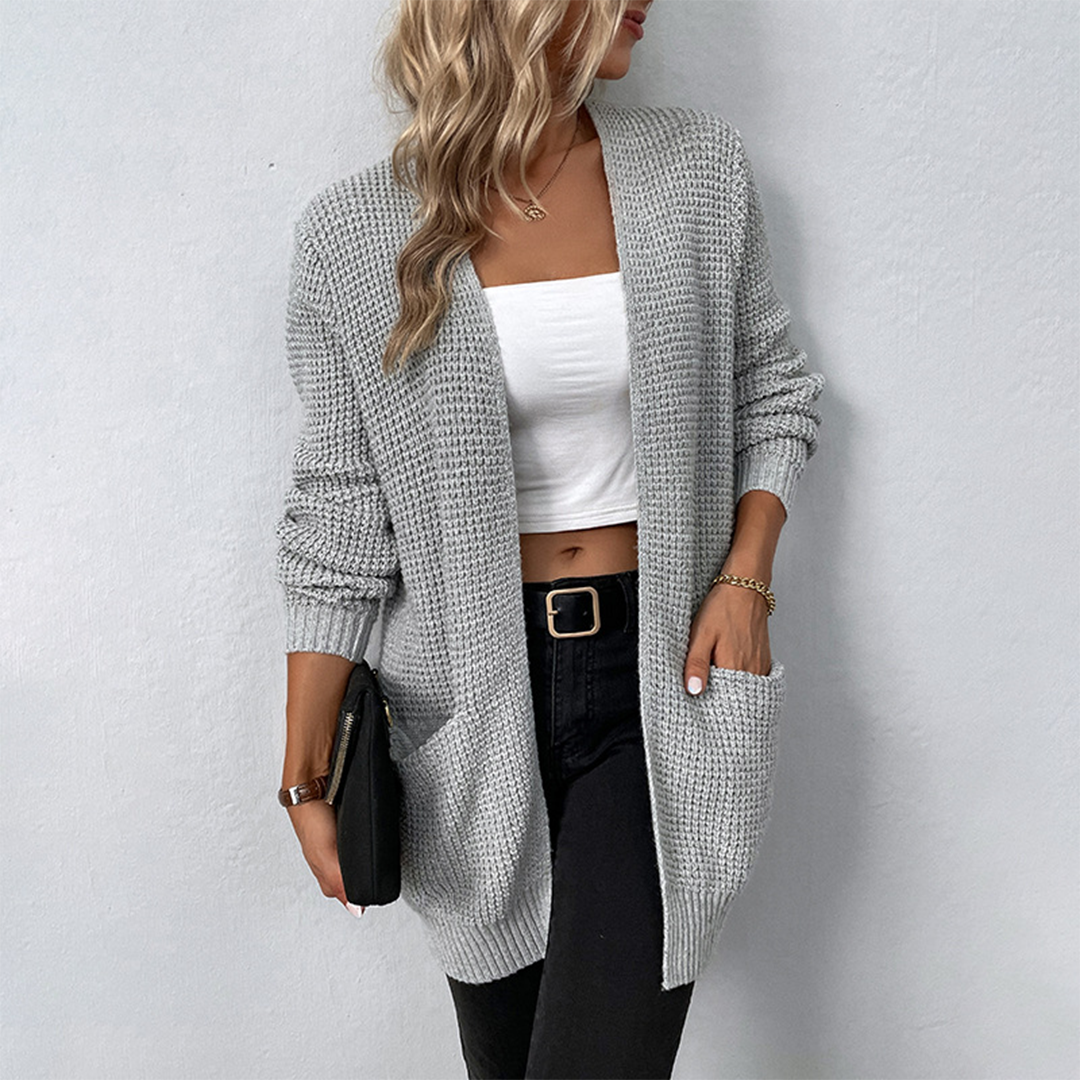 Women's relaxed fit open-front knit cardigan with deep pockets, cozy winter layering essential