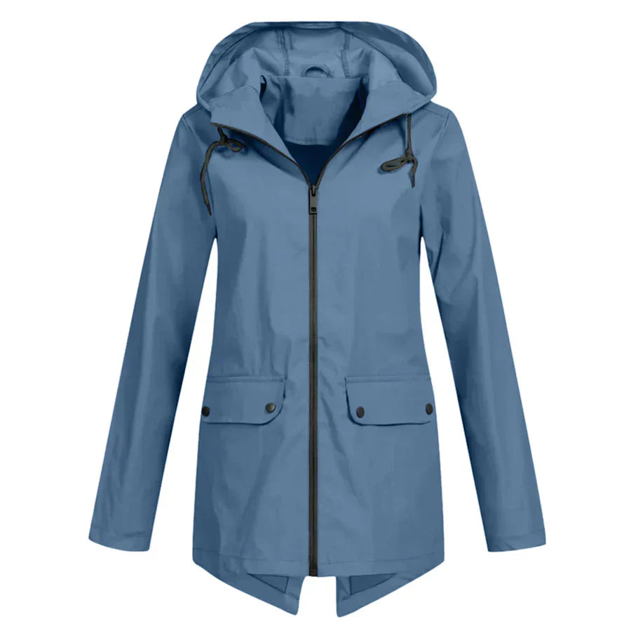 Women's waterproof hooded raincoat in solid color with zippered front pockets and modern silhouette
