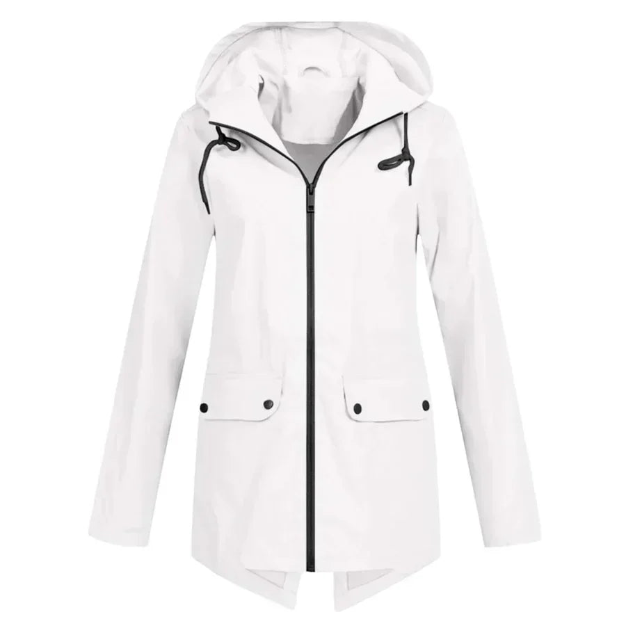 Women's waterproof hooded raincoat in neutral tone, modern slim silhouette with zippered front pockets
