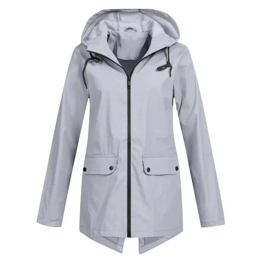 Women's waterproof hooded raincoat in clean modern silhouette with zippered front pockets