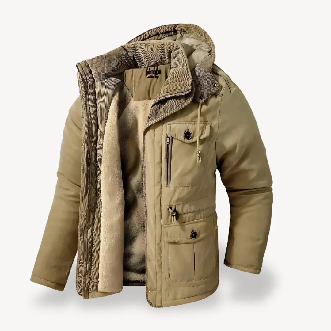 Men's heavy-duty hooded winter jacket rugged insulated outerwear with weather-resistant shell