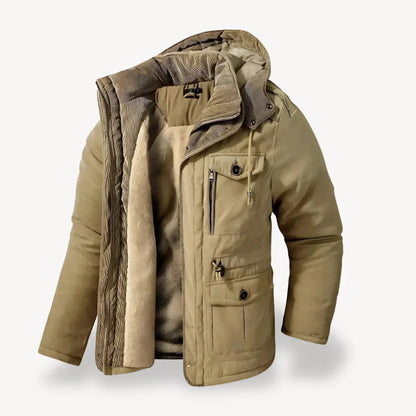 Men's heavy-duty hooded winter jacket rugged insulated outerwear with weather-resistant shell