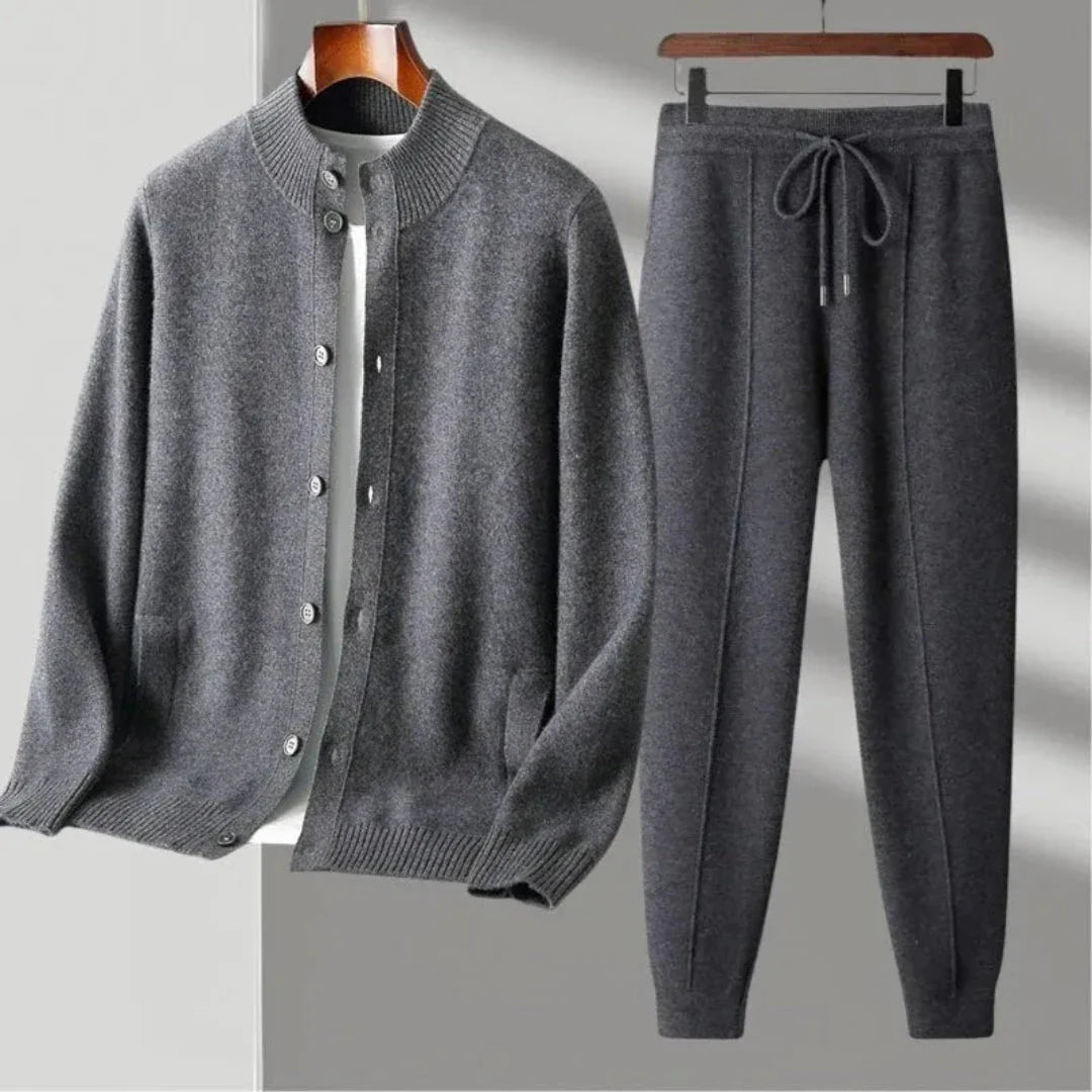 Kade merino wool matching set with button-up cardigan and tailored jogger pants, refined loungewear