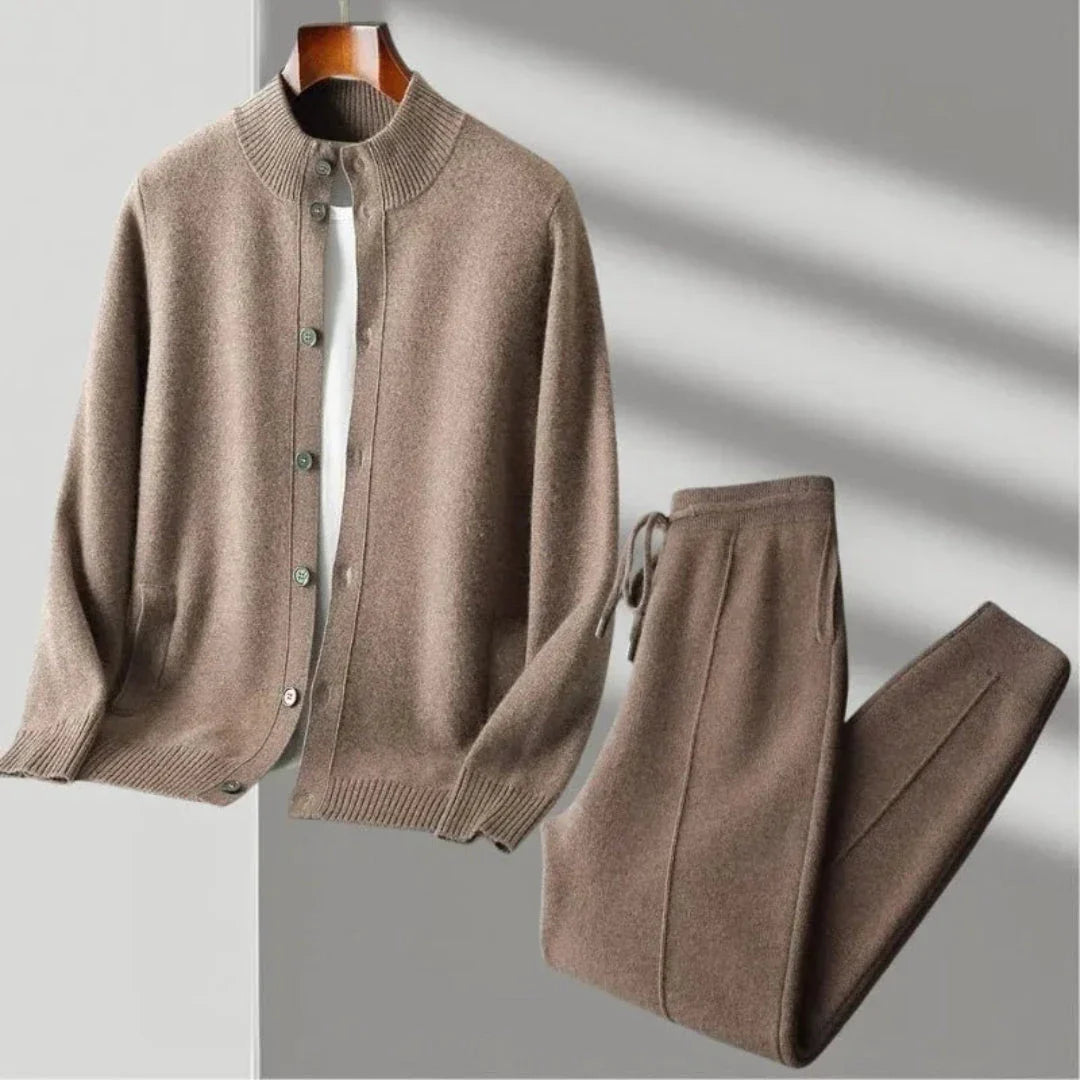 Kade merino wool matching set with button-up cardigan and tailored wide-leg jogger pants