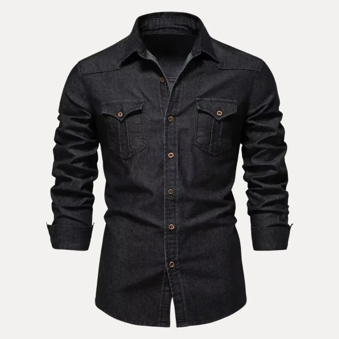 Men's indigo denim long sleeve shirt vintage wash Western style button-down with classic placket