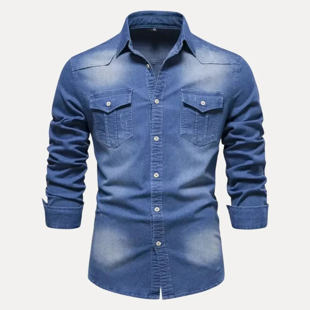 Men's indigo denim long sleeve western shirt with vintage wash and classic button-down placket