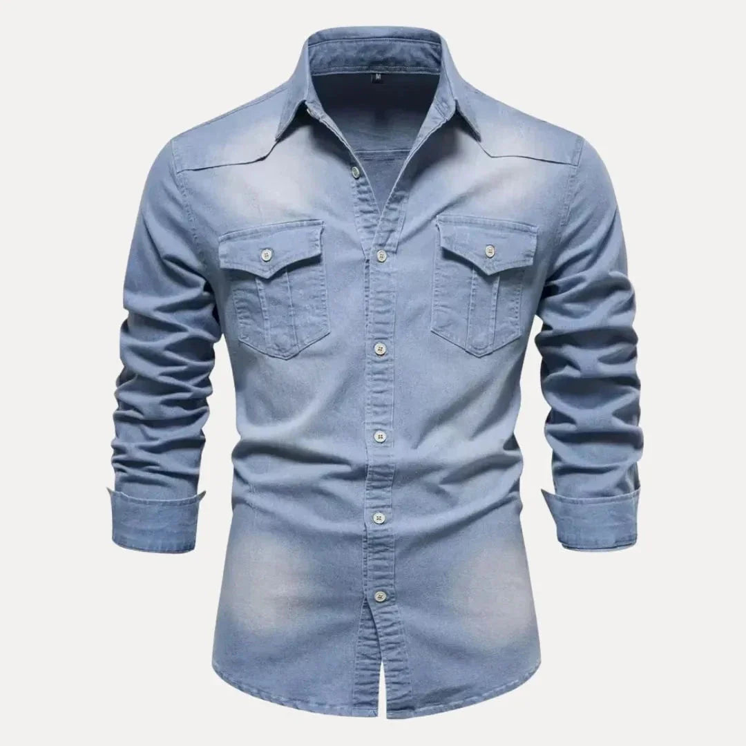 Men's indigo denim long sleeve shirt vintage wash Western button-down with classic front placket