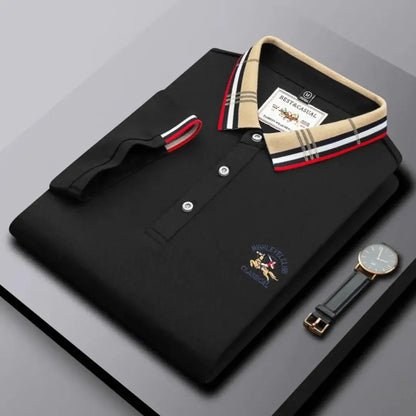 Men's navy classic polo shirt with contrast striped collar and three-button placket by Wavlynn