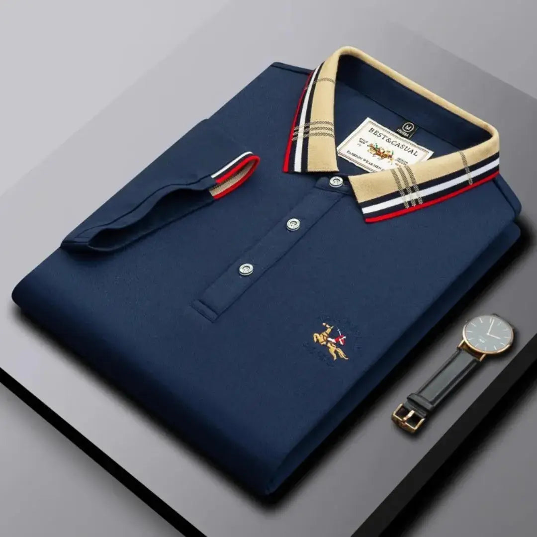 Men's navy classic polo shirt contrast striped collar three-button placket tailored fit