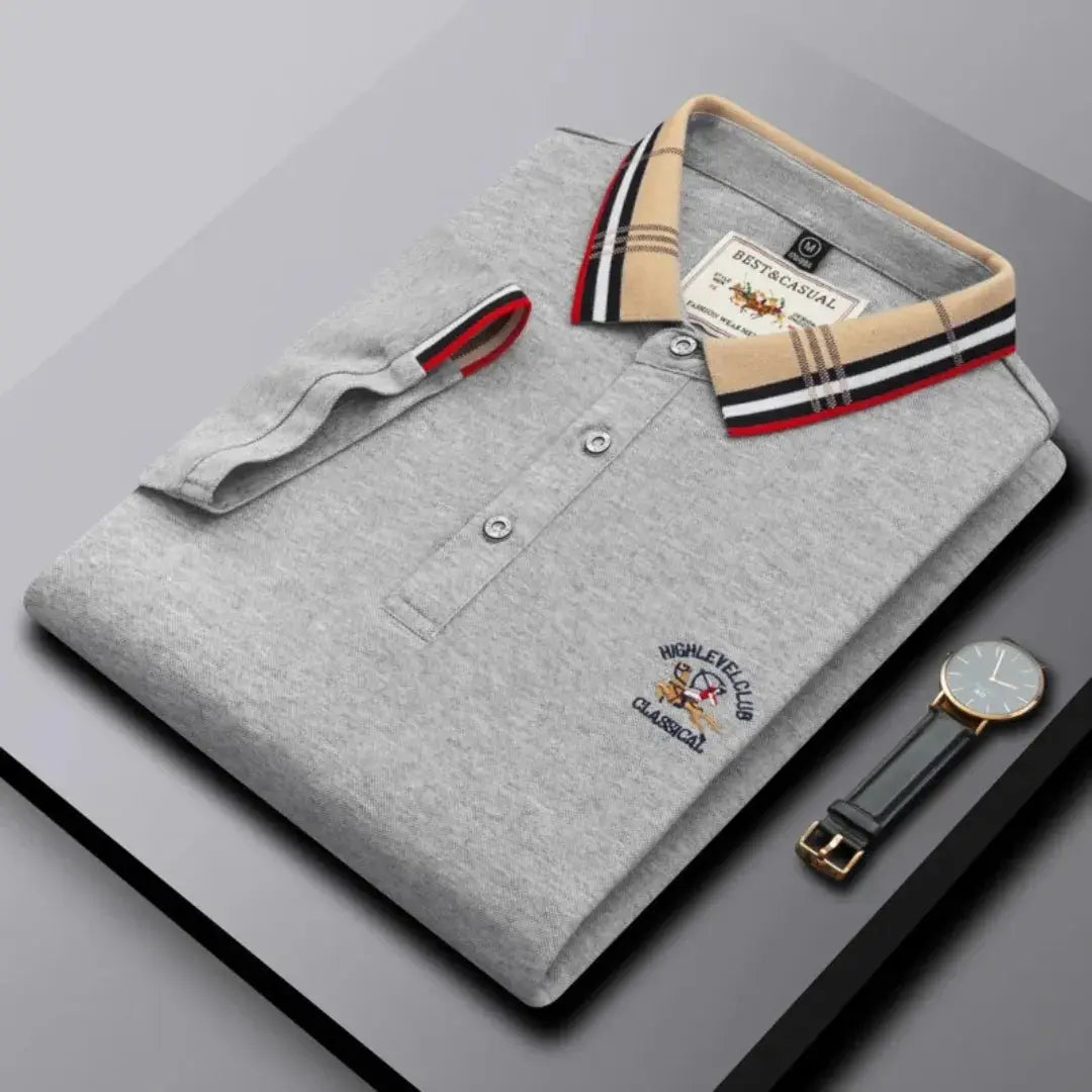 Men's navy classic polo shirt with contrast striped collar and three-button placket by Wavlynn