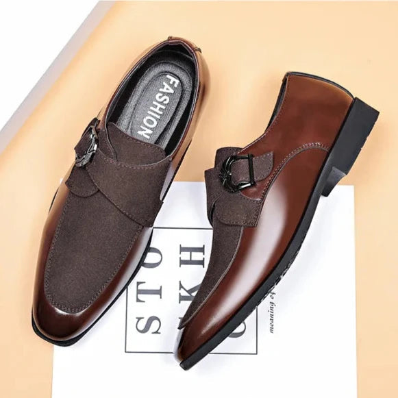 Karger black dual-texture monk strap dress shoes with polished matte finish and metallic buckle