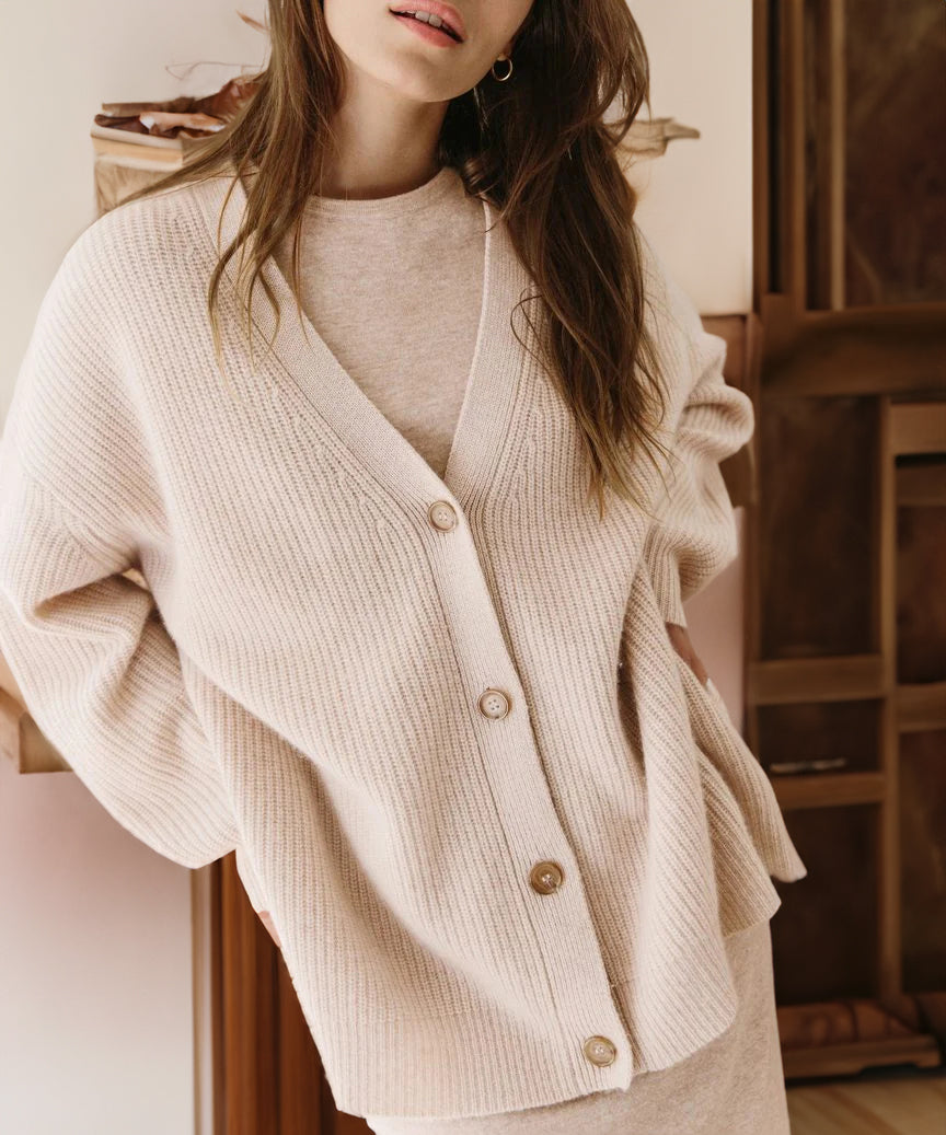 Women's soft knit winter cardigan relaxed fit button-up cozy layering piece by Wavlynn
