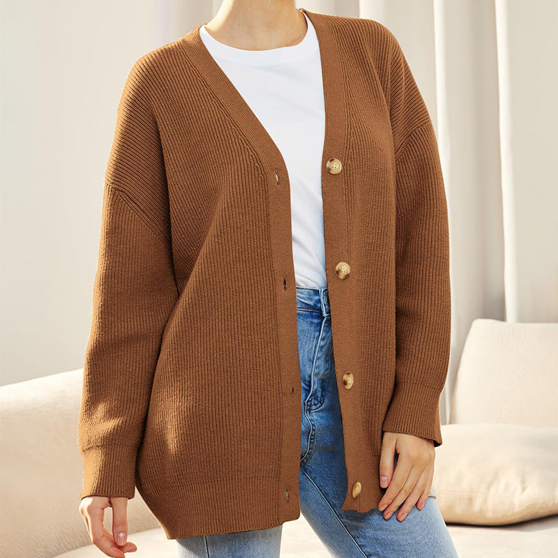 Women's relaxed winter knit cardigan soft cozy button-up layering piece for chilly days