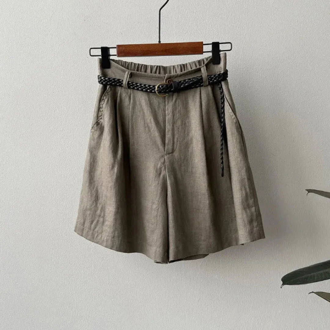 Beige high-waisted linen shorts with braided belt, relaxed summer cut for women