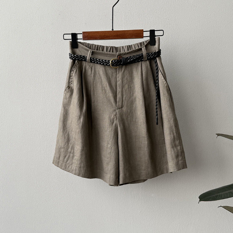 Kayla beige linen-cotton blend relaxed pleated shorts with removable braided belt, mid-thigh length