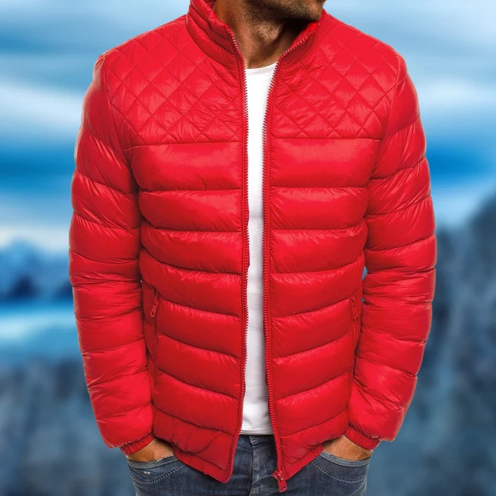 Men's black quilted puffer jacket insulated polyester shell slim modern silhouette winter coat