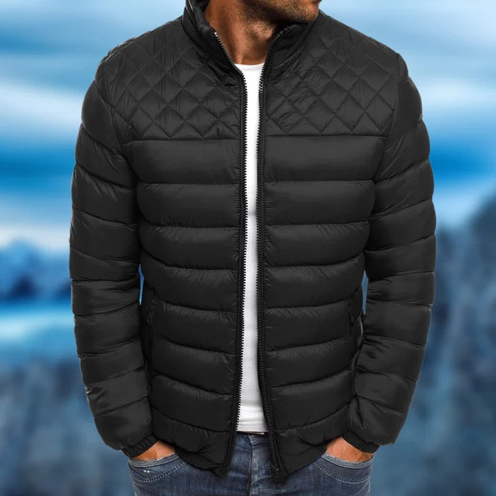 Men's black quilted puffer jacket insulated polyester shell modern slim-fit winter coat by Wavlynn