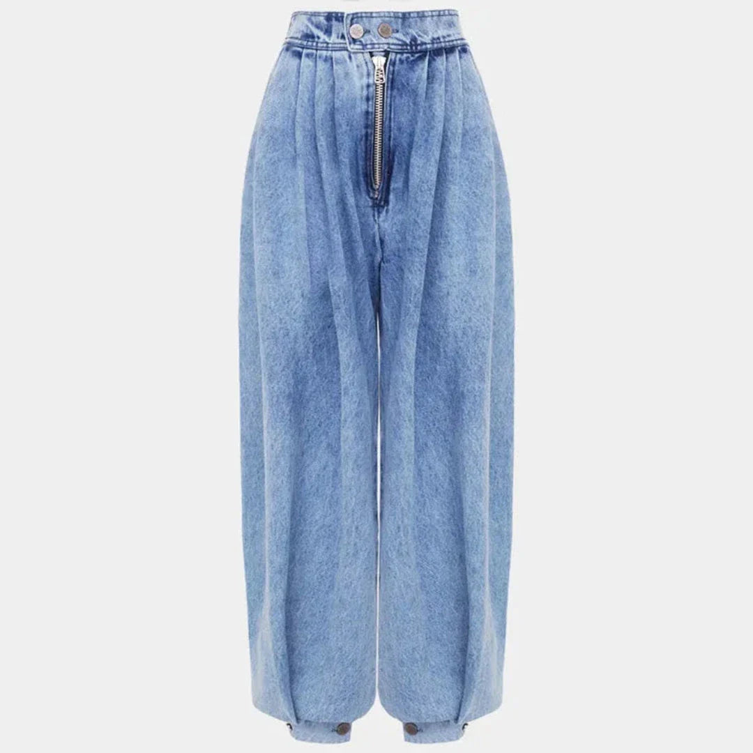 Blue high-waisted harem jeans balloon leg silhouette adjustable ankle cuffs oversized zipper denim pants