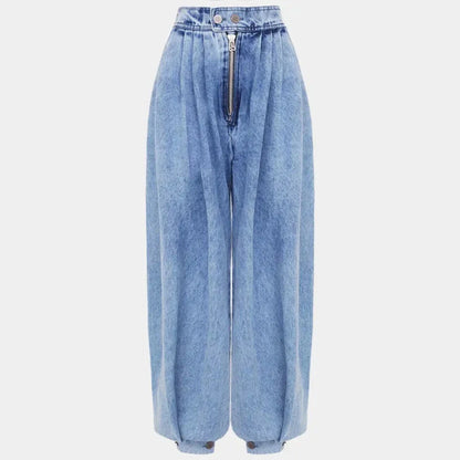 Blue high-waisted harem jeans balloon leg silhouette adjustable ankle cuffs oversized zipper denim pants