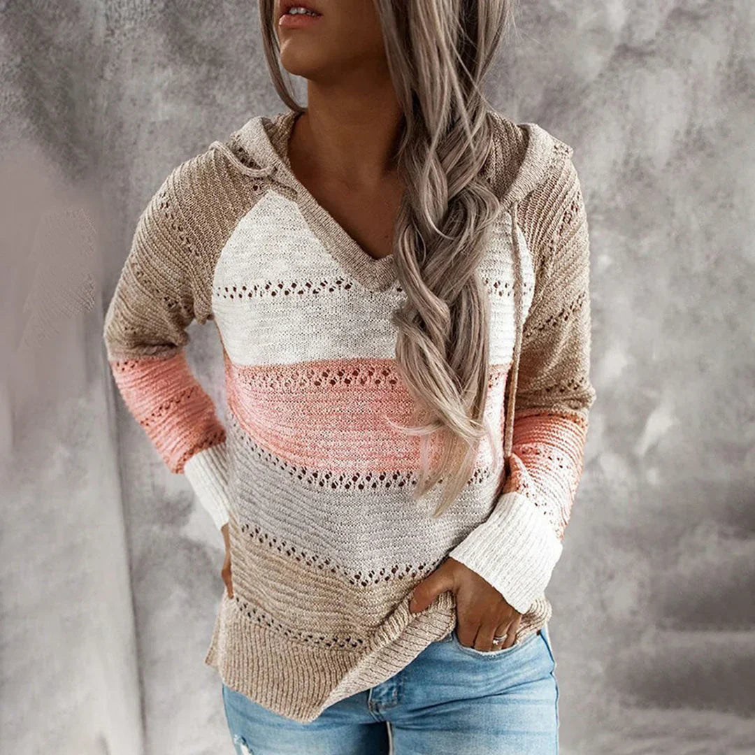 Women's relaxed-fit cotton knit v-neck hoodie pullover top in textured pattern for everyday style