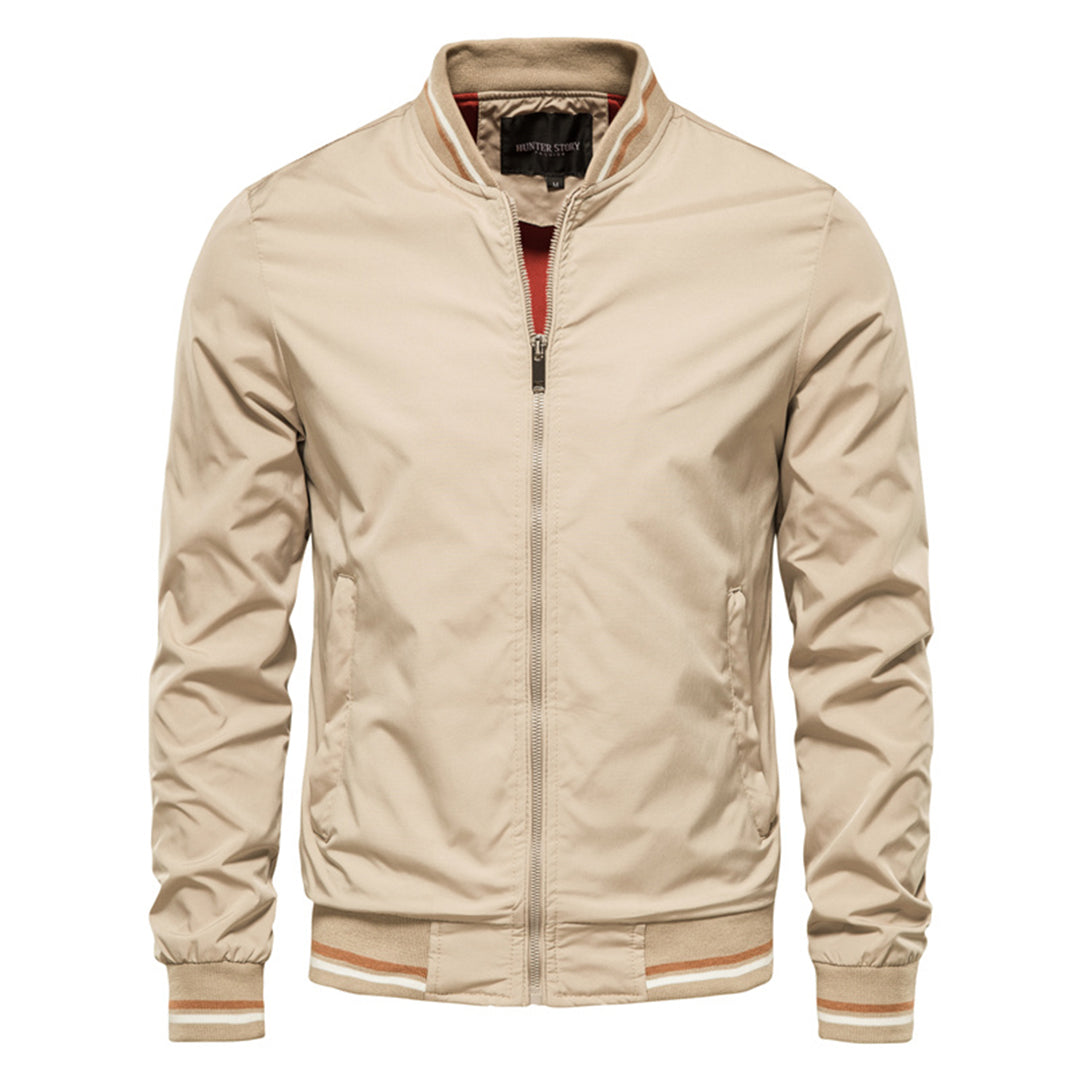 Men's olive green bomber jacket zip front urban streetwear slim silhouette versatile layer
