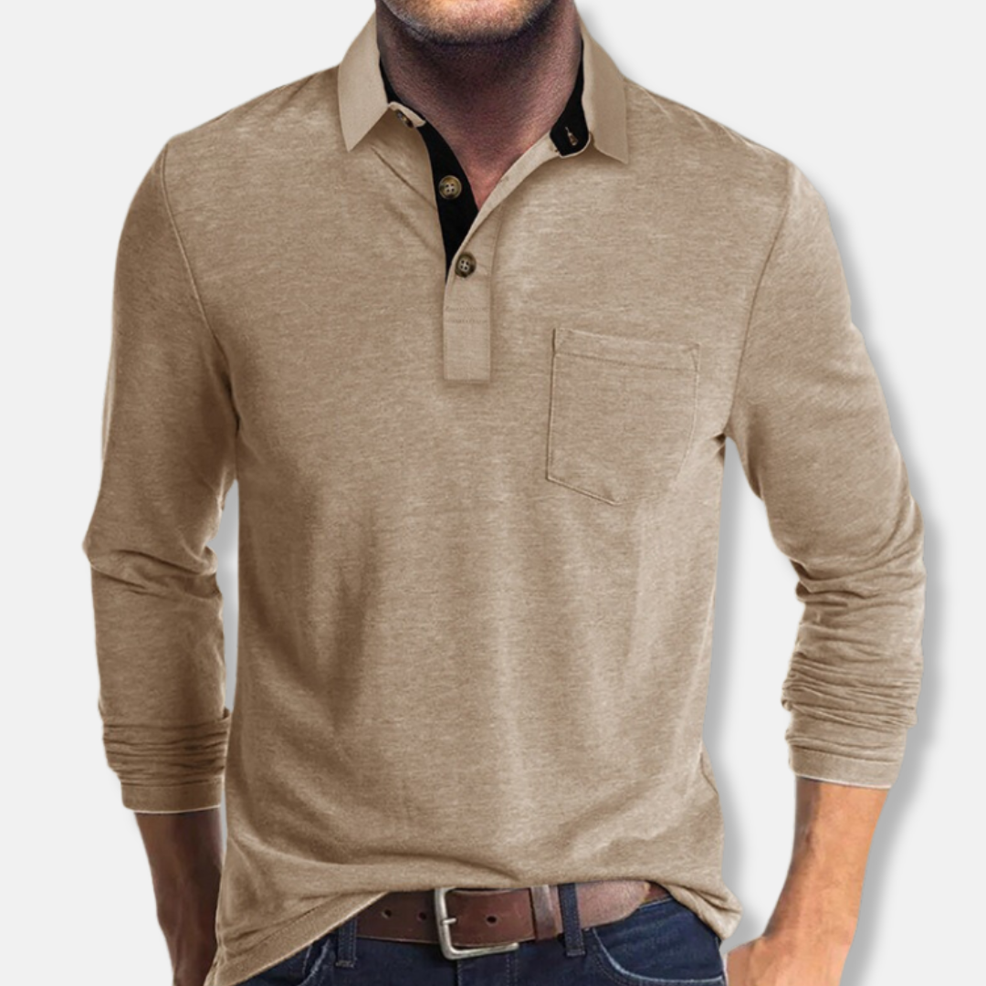 Men's long sleeve cotton blend polo shirt regular fit contrast collar smart casual white blue