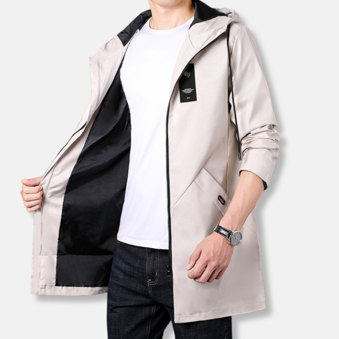 Men's mid-thigh woven hooded coat zipper closure smart casual refined silhouette by Wavlynn
