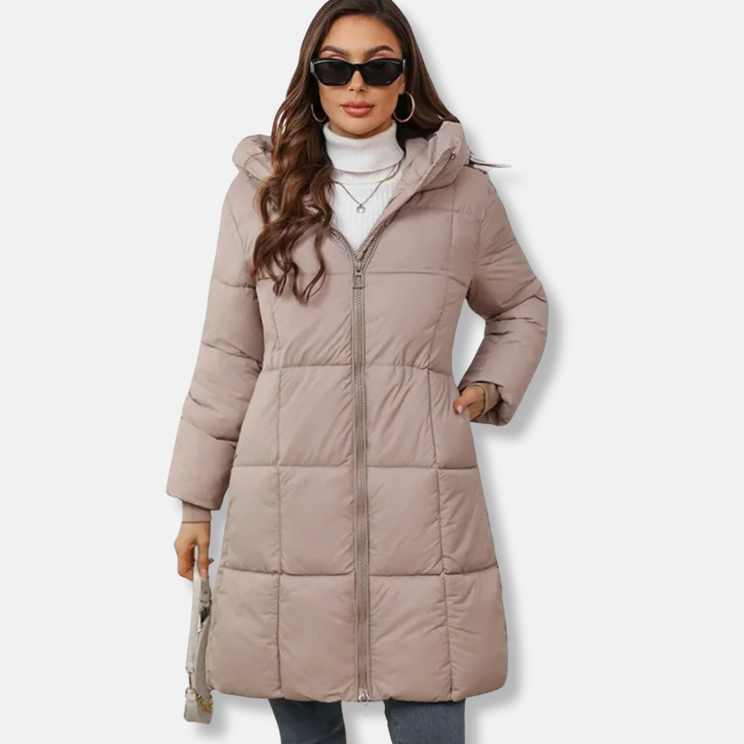 Women's black hooded quilted puffer coat with insulated above-knee length for cozy winter warmth