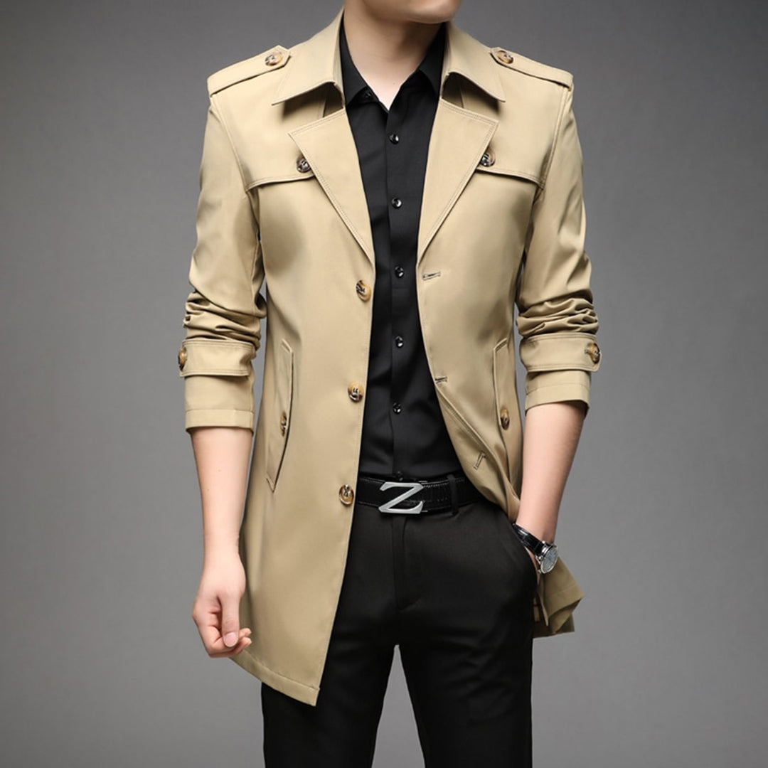 Men's beige single-breasted lightweight trench coat with streamlined silhouette for modern versatile style