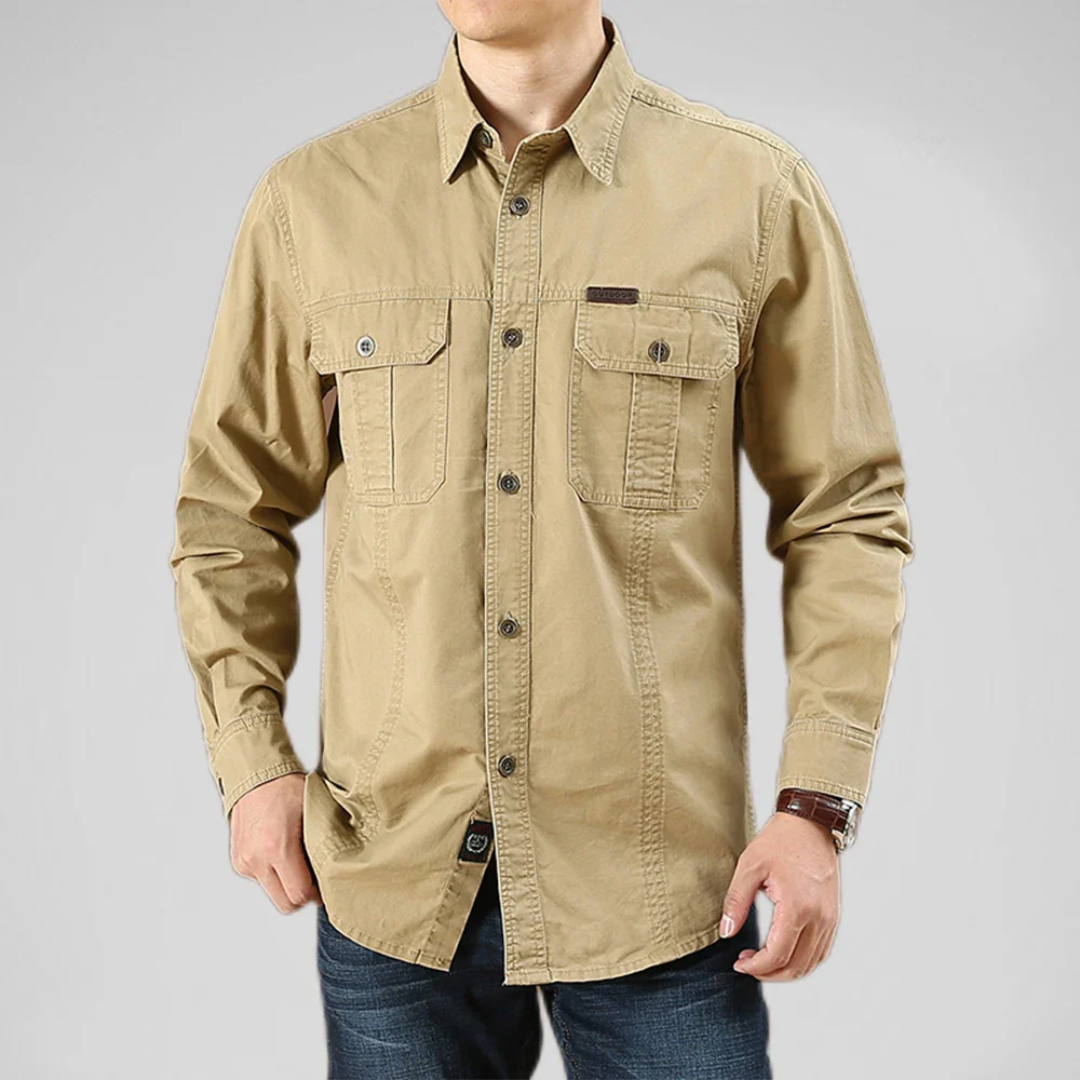 Vincent beige cotton multi-pocket shirt with structured relaxed fit and subtle timeless details