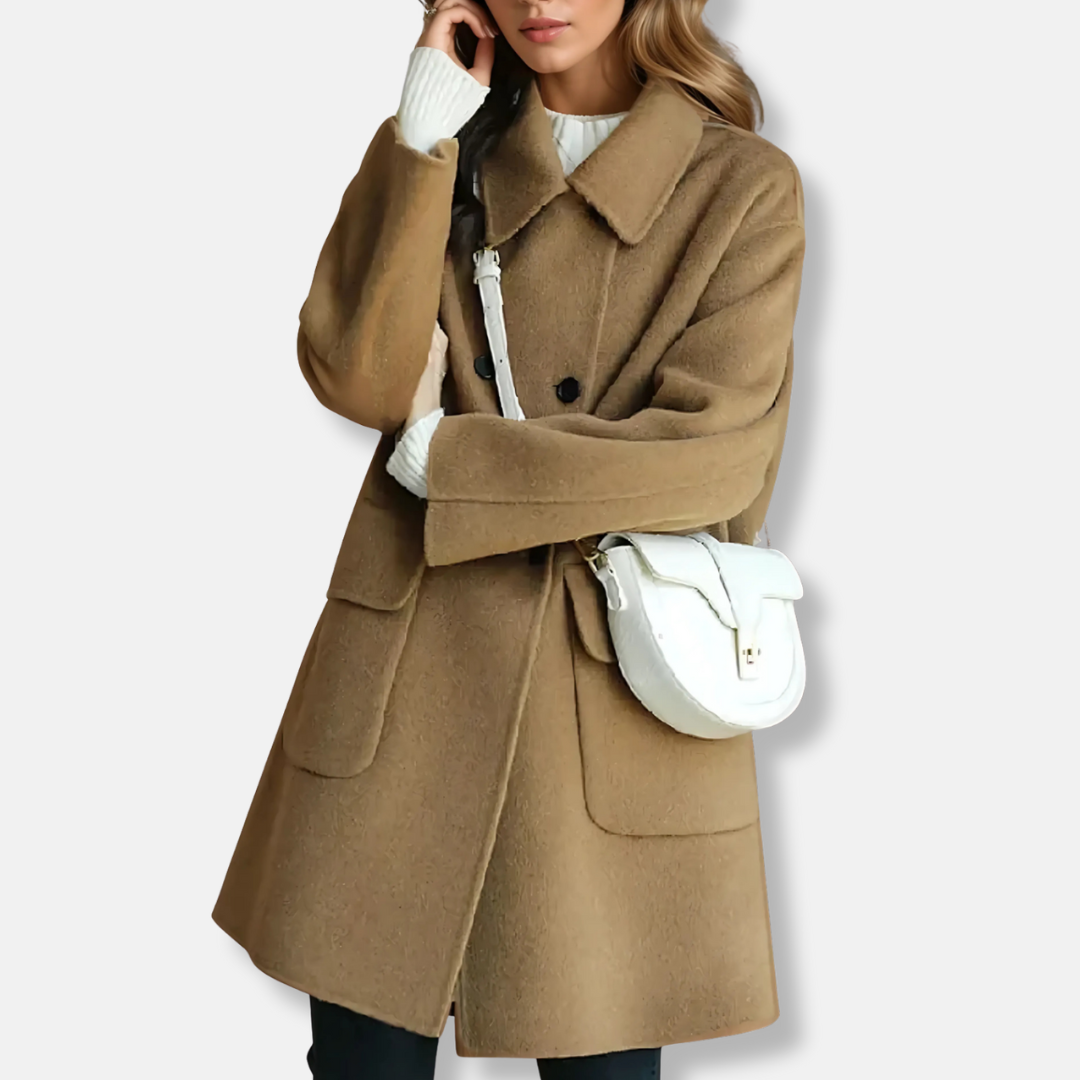 Women's wool blend mid-thigh double-breasted coat with notched lapels, relaxed straight fit