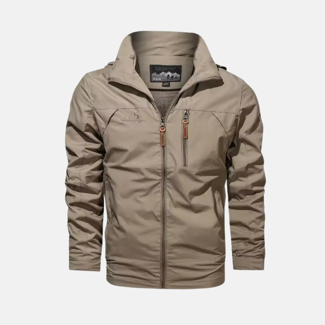 Men's lightweight water-resistant outdoor jacket high collar zip pockets trail-ready regular fit shell