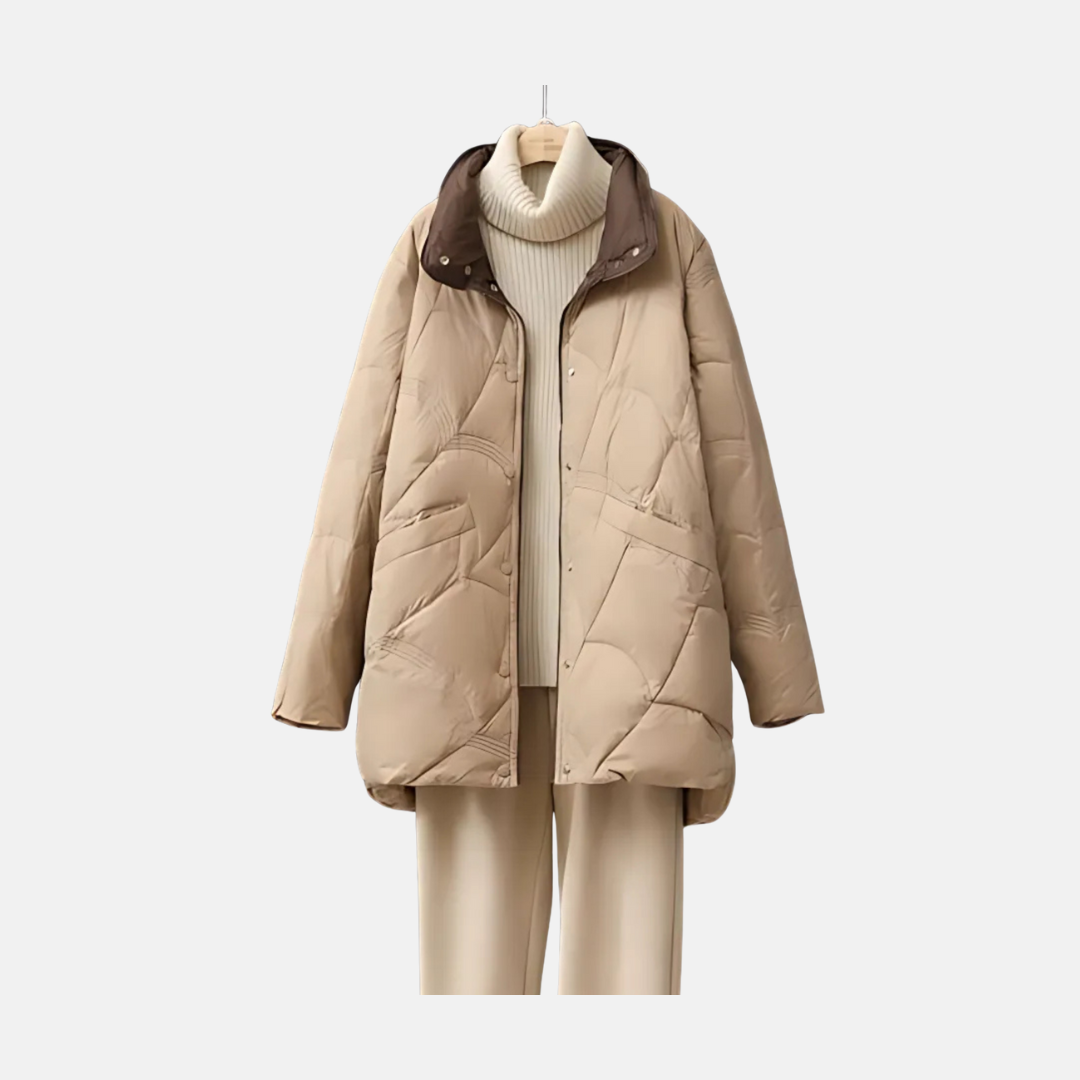Women's mid-length quilted jacket with stand collar, chic layering piece in versatile neutral tones