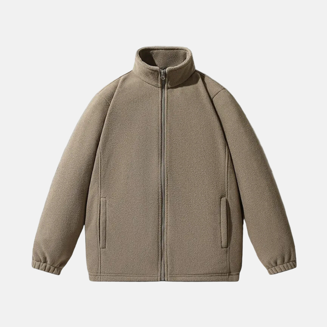 Men's gray fleece jacket relaxed fit full-zip stand-up collar lightweight winter outerwear by Wavlynn