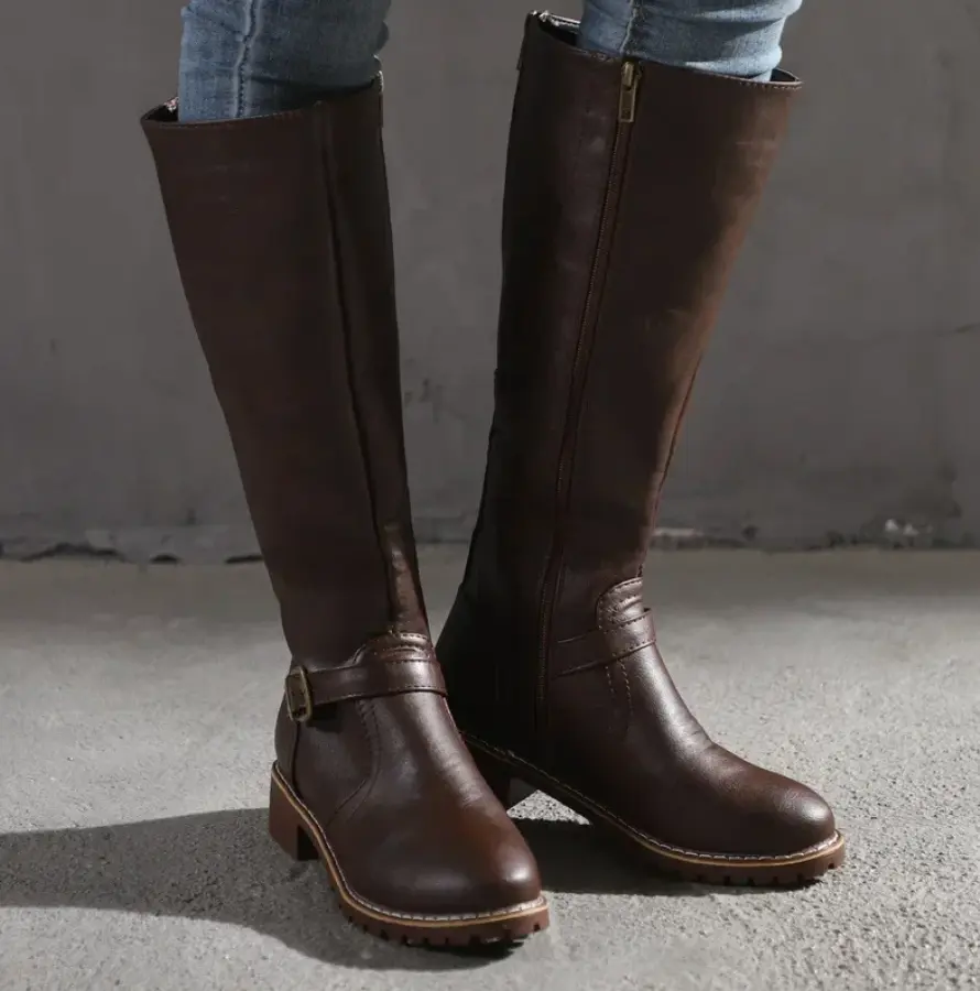 Women's knee-high boots in dark brown synthetic leather with timeless silhouette and all-day comfort
