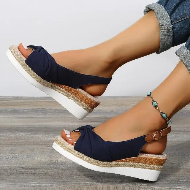 Women's beige espadrille wedge sandals with chic knot vamp detail, cushioned sole, casual chic style