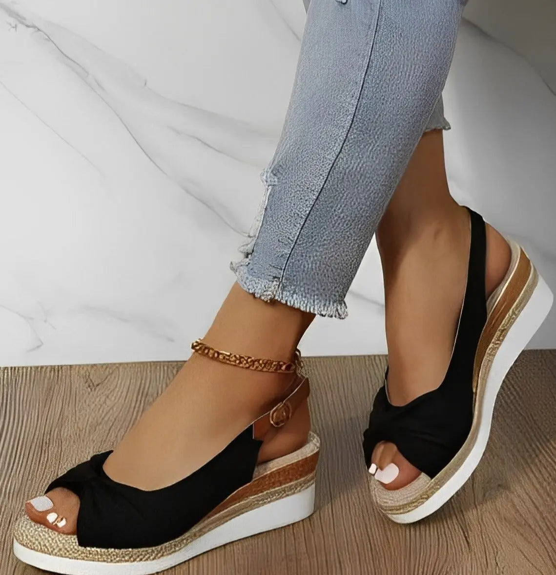 Women's beige espadrille wedge sandals with chic knot vamp detail, cushioned sole, casual chic style