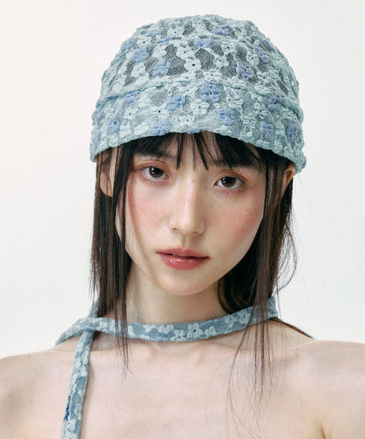 Chapeau boonie respirant en dentelle fine à fleurs bleues, version coréenne - Wavlynn