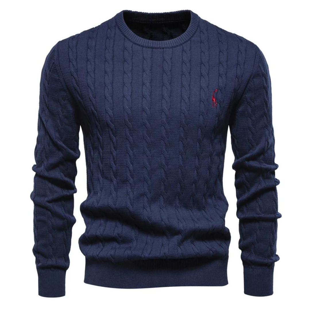 Cream cable knit crew neck sweater with ribbed trim and lightweight layering design