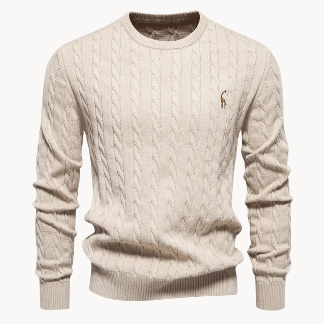 Ivory cable knit crew neck sweater with ribbed trim and lightweight layering design