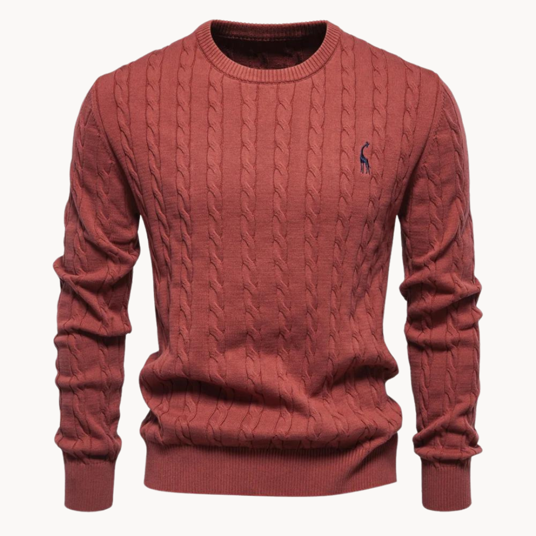 Ivory cable knit crew neck sweater with ribbed trim and lightweight layering-friendly fabric