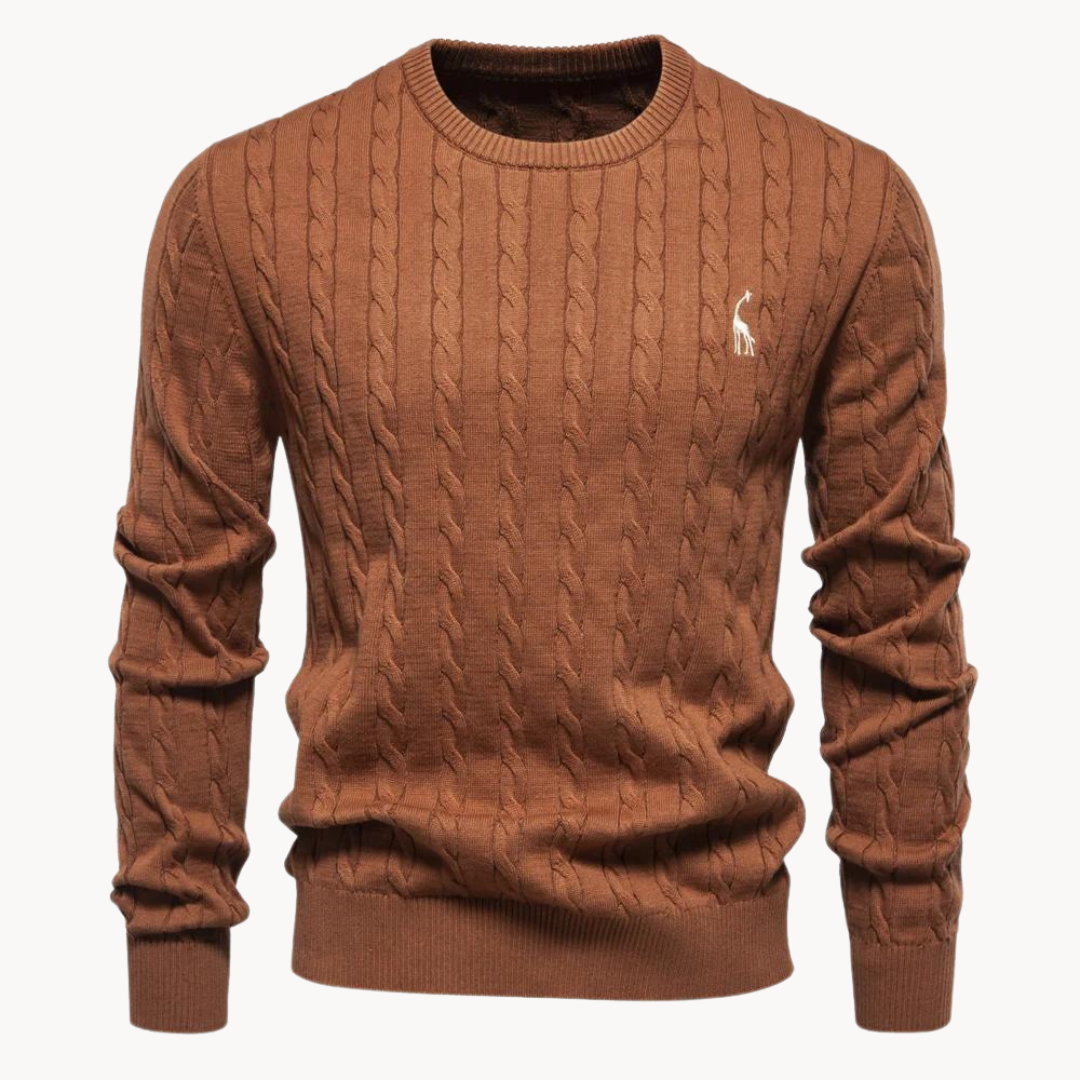 Ivory cable knit crew neck sweater with ribbed trim and classic lightweight layering design