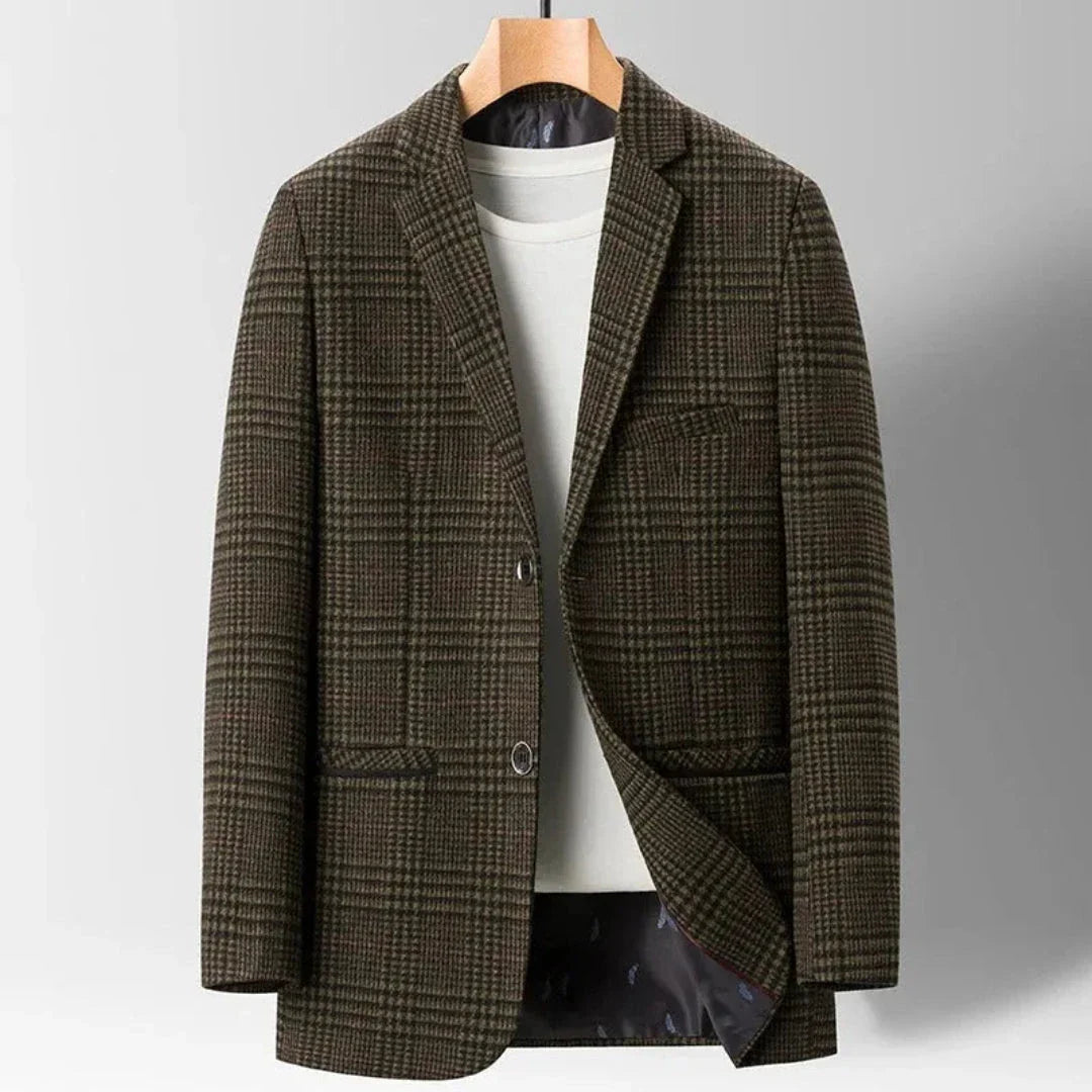 Kyle tailored overcoat sleek structured silhouette two-button closure premium fabric blend
