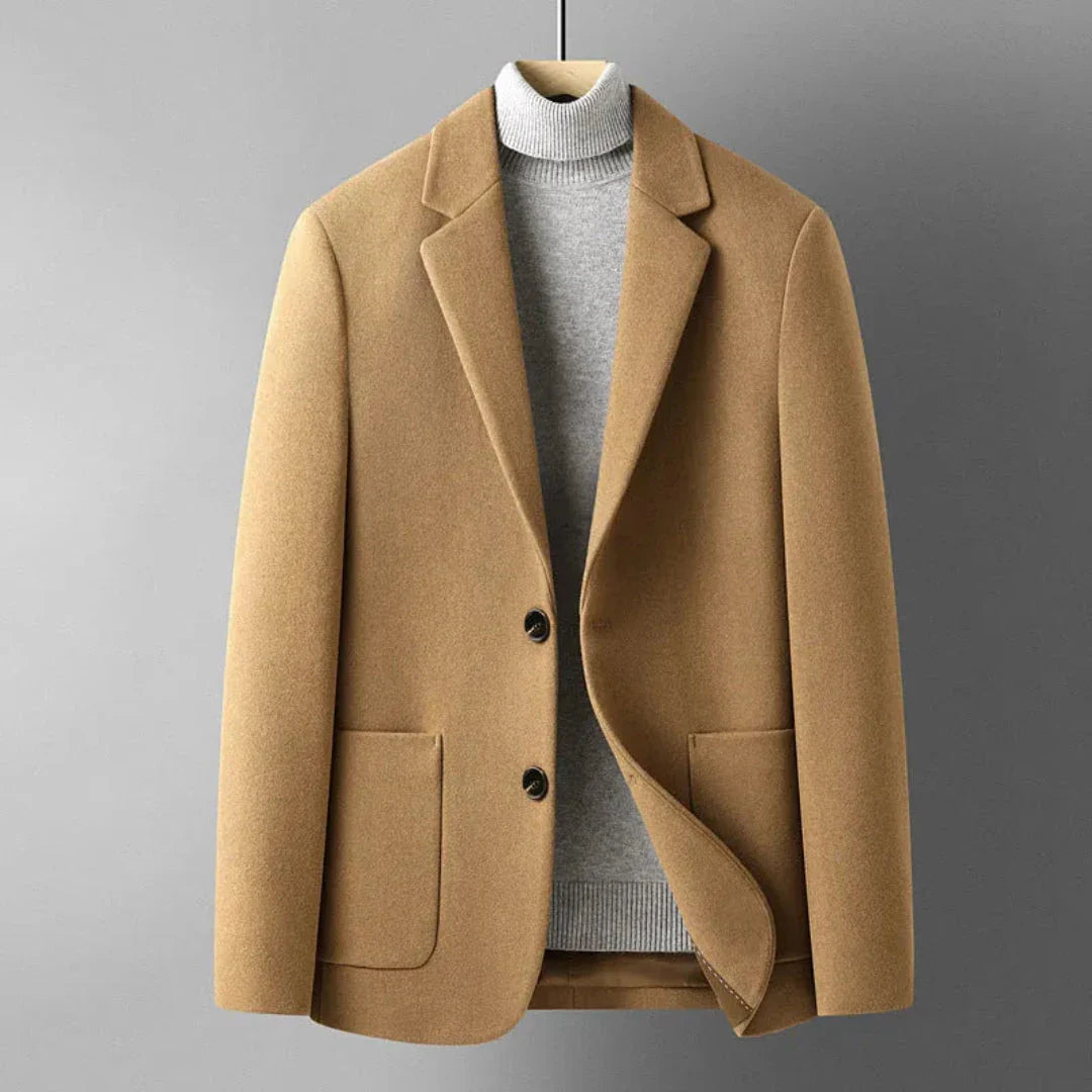 Kyle tailored overcoat sleek structured silhouette premium fabric blend two-button closure