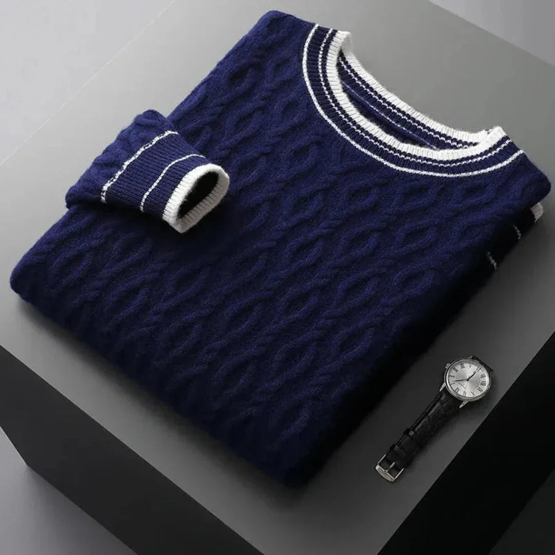 Ivory cable-knit cashmere sweater with contrast ribbed cuffs, hem and neckline, classic elegant style
