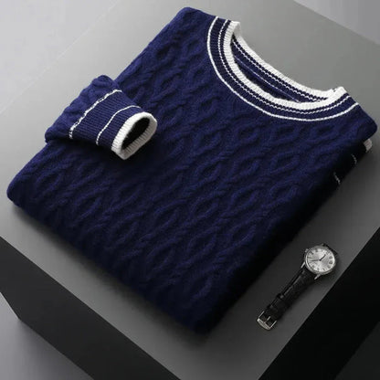 Ivory cable-knit cashmere sweater with contrast ribbed cuffs, hem and neckline, classic elegant style