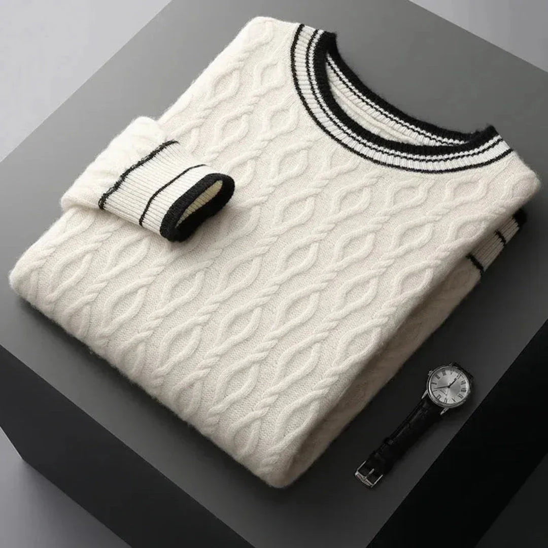 Ivory cable-knit cashmere sweater with contrast ribbed cuffs, hem and neckline, classic elegant style