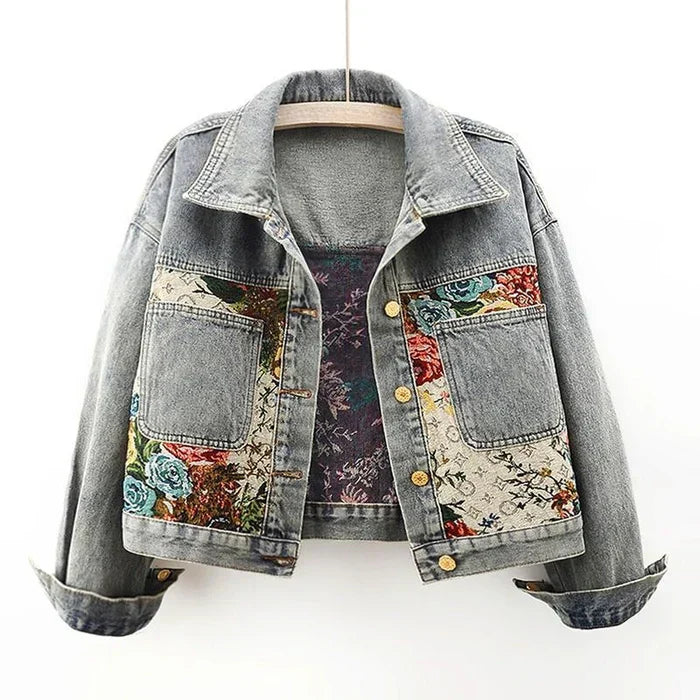 Women's boho chic floral patchwork denim jacket with intricate embroidery and organic fabric