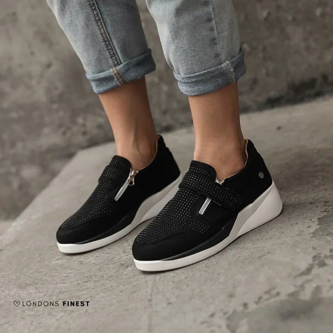 Women's orthopedic slip-on shoes in neutral tones with cushioned insoles and elegant ergonomic design